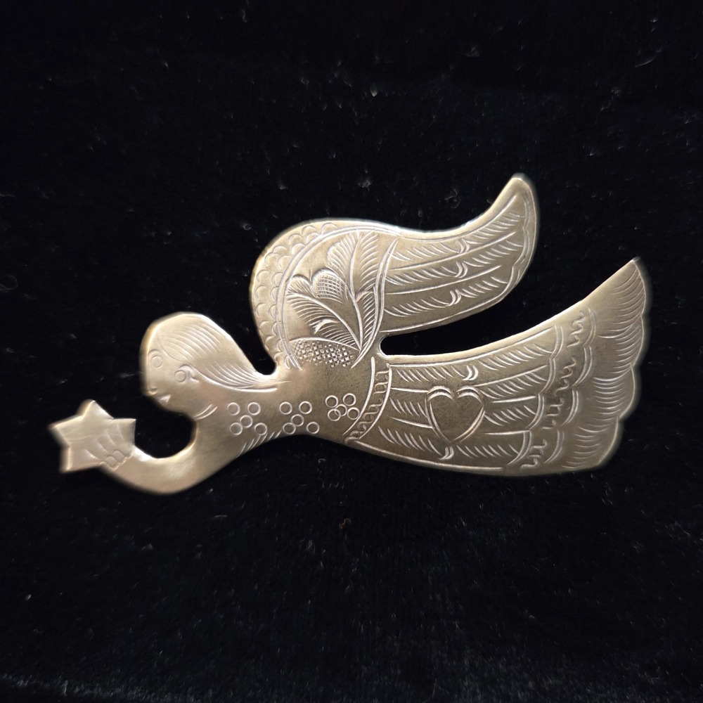 Angel with Star Artisan Etched Metal Brooch Pin Silver Tone 2.5" Vintage